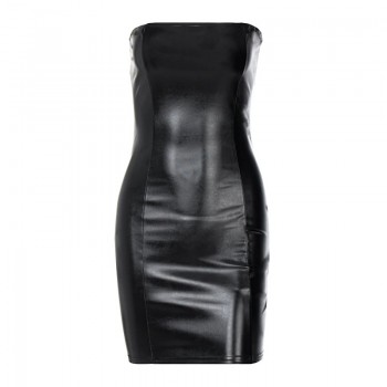 Women Summer Sexy Party Strapless Bodycon Pu Leather Slim Package Hip Black Mini Dress